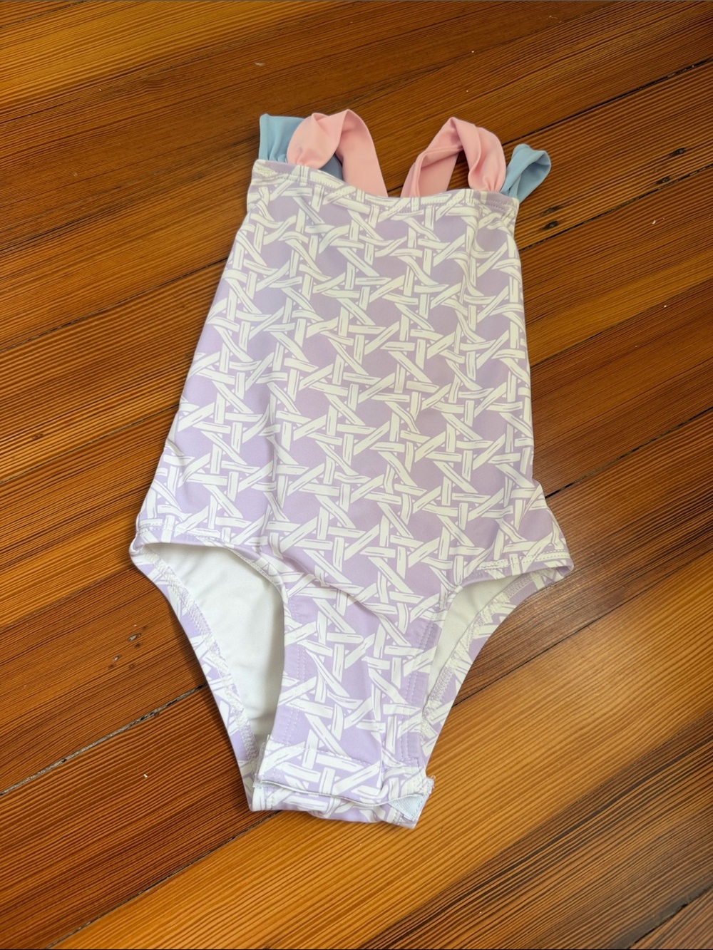 Girls' Lavender Geometric One-Piece Swimsuit with Pink & Blue Straps